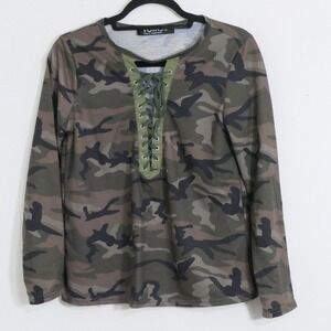 Yoins Womens Top S Green Brown Camo Lace Up Long Sleeve Military Streetwear